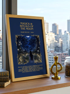 Magick & rituals of the moon Minimalist Book Poster by Edain McCoy – framed print on a city-view windowsill