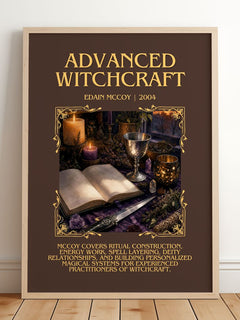 Advanced Witchcraft Minimalist Book Poster by Edain McCoy – framed print leaning on a wooden floor