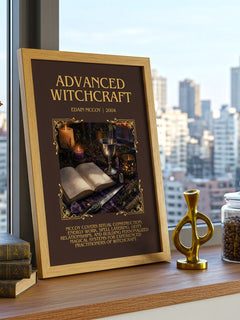 Advanced Witchcraft Minimalist Book Poster by Edain McCoy – framed print on a city-view windowsill