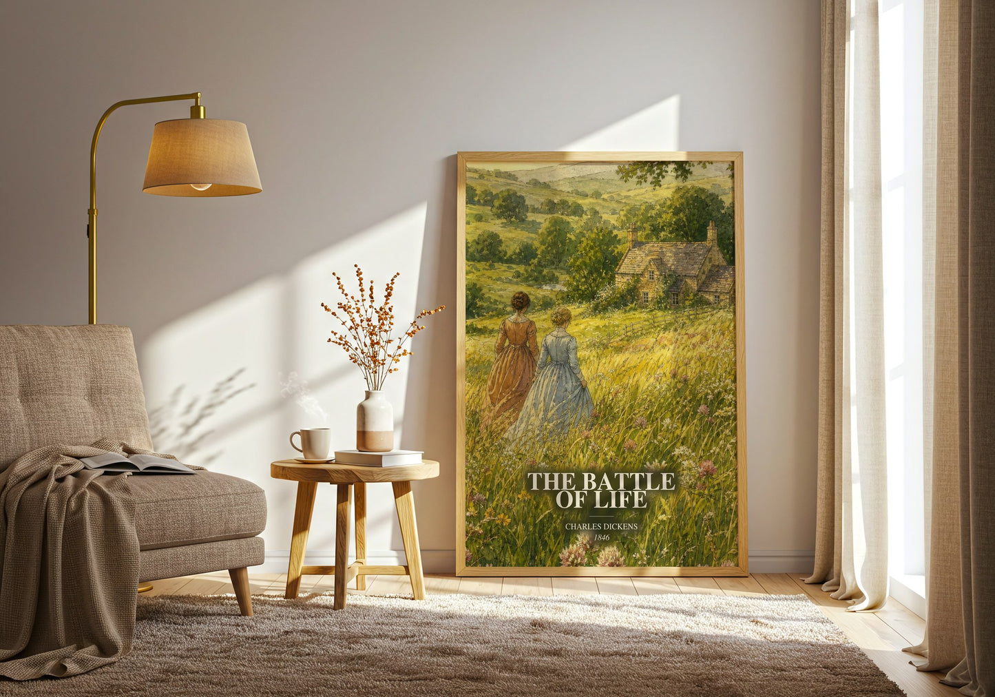 The Battle Of Life watercolour print in frame leaning in hallway – classic literature wall art
