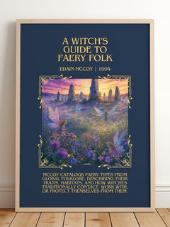 A witch's guide to faery folk Minimalist Book Poster by Edain McCoy – framed print leaning on a wooden floor