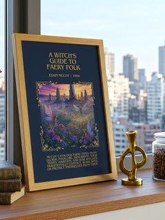 A witch's guide to faery folk Minimalist Book Poster by Edain McCoy – framed print on a city-view windowsill