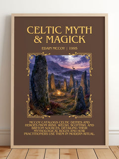 Celtic Myth & Magick Minimalist Book Poster by Edain McCoy – framed print leaning on a wooden floor