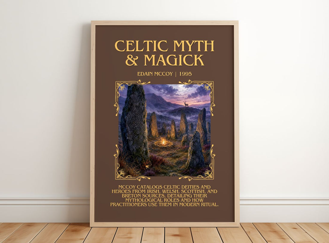 Celtic Myth & Magick Minimalist Book Poster by Edain McCoy – framed print leaning on a wooden floor