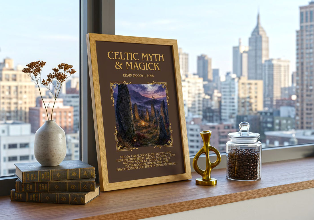 Celtic Myth & Magick Minimalist Book Poster by Edain McCoy – framed print on a city-view windowsill