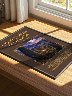 Celtic Myth & Magick Minimalist Book Poster by Edain McCoy – print on a sunlit desk