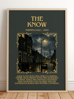 The Know Minimalist Book Poster by Martina Cole – framed print leaning on a wooden floor
