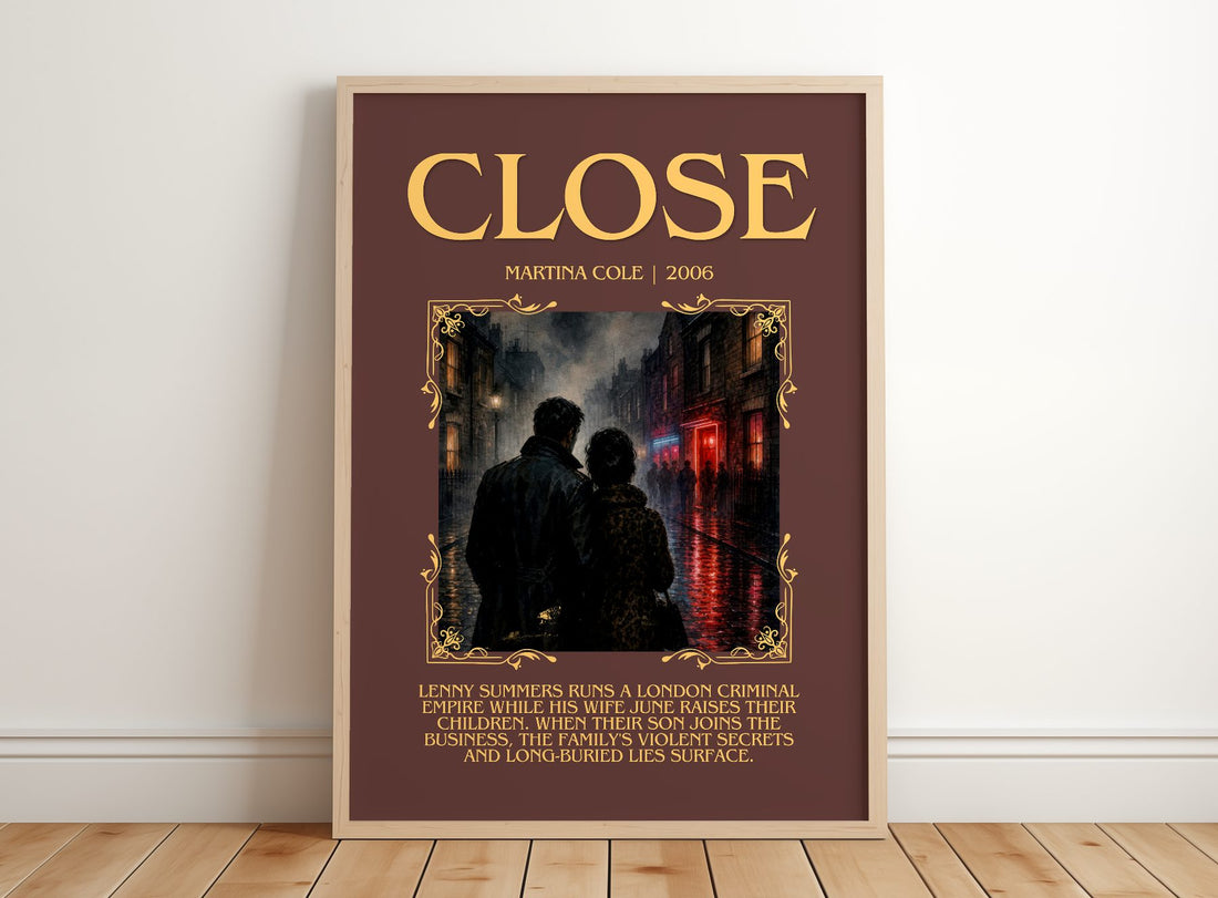 Close Minimalist Book Poster by Martina Cole – framed print leaning on a wooden floor