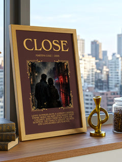 Close Minimalist Book Poster by Martina Cole – framed print on a city-view windowsill