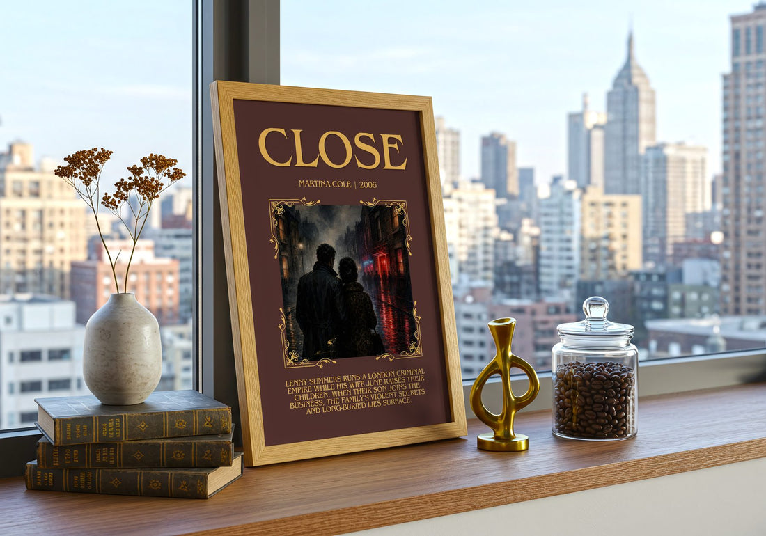 Close Minimalist Book Poster by Martina Cole – framed print on a city-view windowsill
