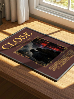 Close Minimalist Book Poster by Martina Cole – print on a sunlit desk