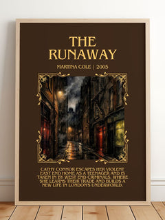 The runaway Minimalist Book Poster by Martina Cole – framed print leaning on a wooden floor