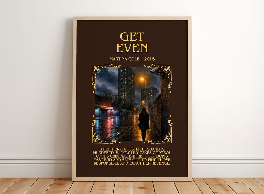 Get Even Minimalist Book Poster by Martina Cole – framed print leaning on a wooden floor