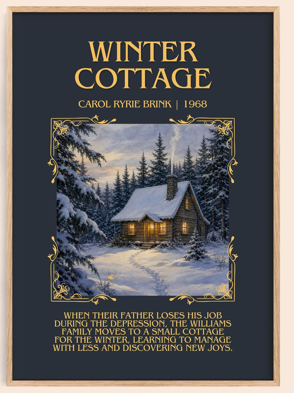 Winter Cottage Minimalist Book Poster by Carol Ryrie Brink – book poster