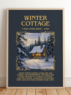 Winter Cottage Minimalist Book Poster by Carol Ryrie Brink – framed print leaning on a wooden floor