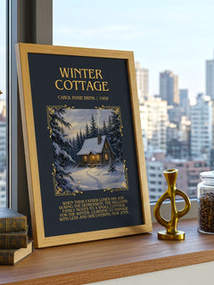 Winter Cottage Minimalist Book Poster by Carol Ryrie Brink – framed print on a city-view windowsill
