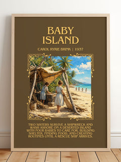 Baby Island Minimalist Book Poster by Carol Ryrie Brink – framed print leaning on a wooden floor