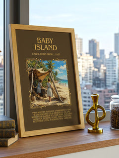 Baby Island Minimalist Book Poster by Carol Ryrie Brink – framed print on a city-view windowsill