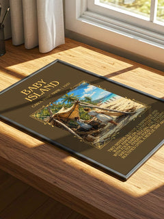 Baby Island Minimalist Book Poster by Carol Ryrie Brink – print on a sunlit desk