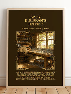 Andy Buckram's Tin Men Minimalist Book Poster by Carol Ryrie Brink – framed print leaning on a wooden floor