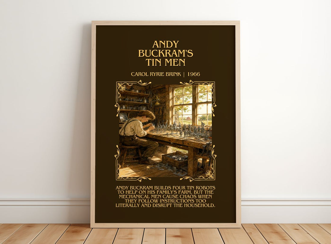 Andy Buckram's Tin Men Minimalist Book Poster by Carol Ryrie Brink – framed print leaning on a wooden floor