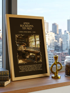 Andy Buckram's Tin Men Minimalist Book Poster by Carol Ryrie Brink – framed print on a city-view windowsill