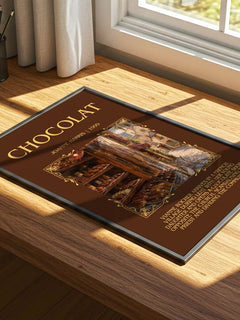Chocolat Minimalist Book Poster by Joanne Harris – print on a sunlit desk