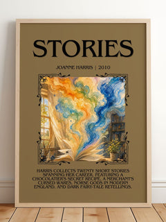 Stories Minimalist Book Poster by Joanne Harris – framed print leaning on a wooden floor