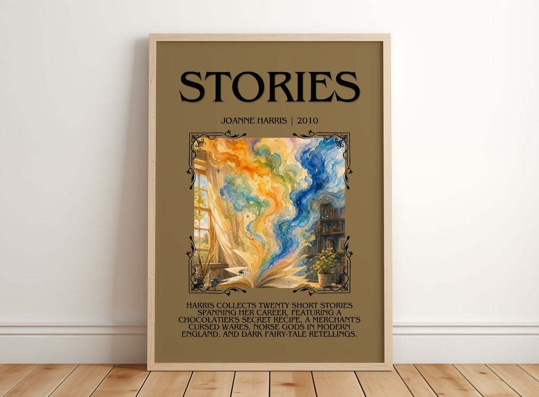 Stories Minimalist Book Poster by Joanne Harris – framed print leaning on a wooden floor