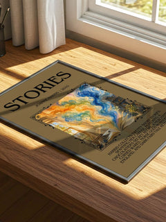 Stories Minimalist Book Poster by Joanne Harris – print on a sunlit desk
