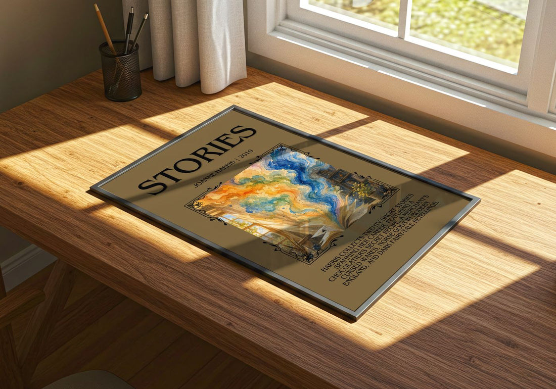 Stories Minimalist Book Poster by Joanne Harris – print on a sunlit desk