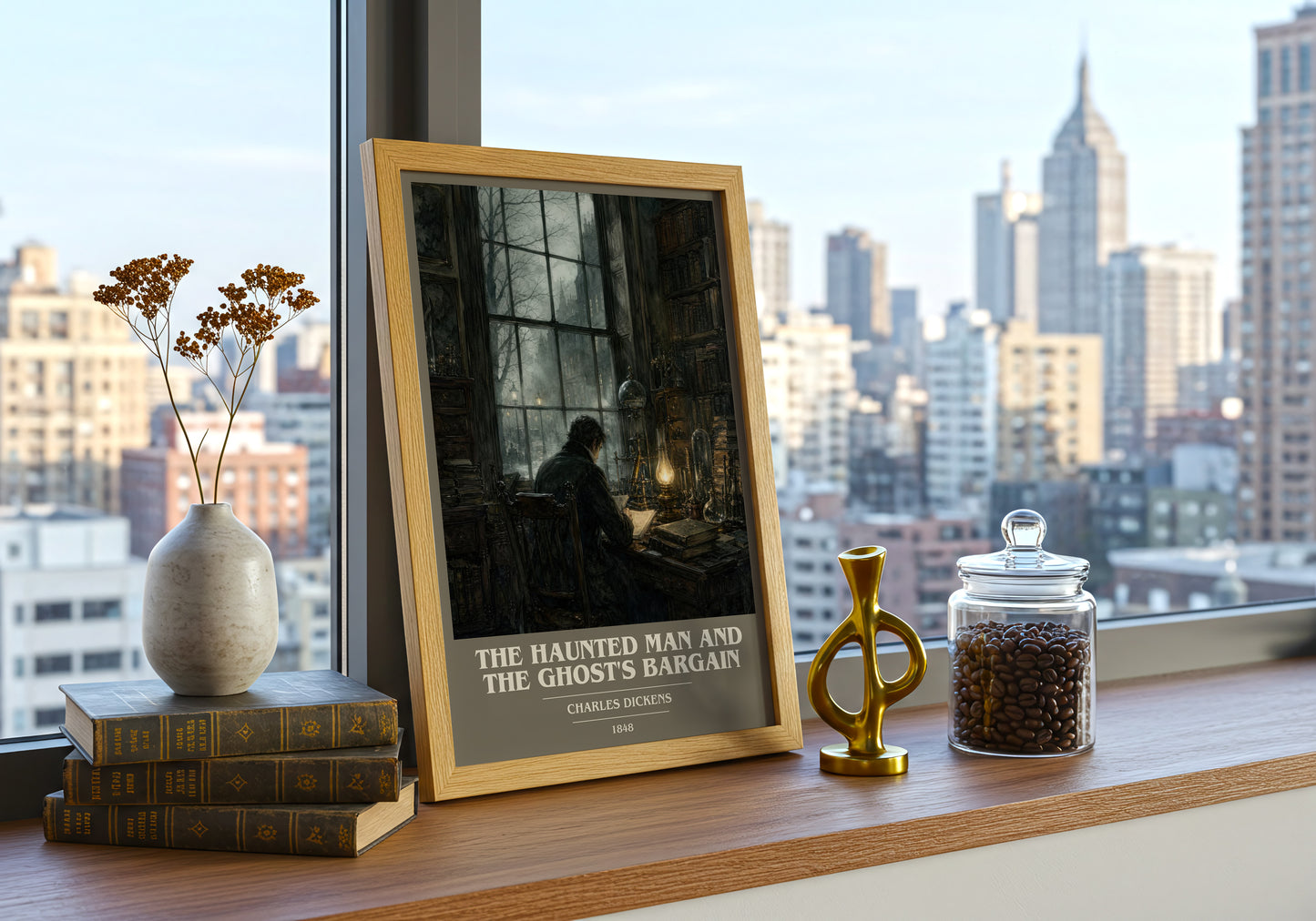 The Haunted Man And The Ghost'S Bargain book cover print framed by window – literary home decor