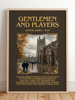 Gentlemen and players Minimalist Book Poster by Joanne Harris – framed print leaning on a wooden floor
