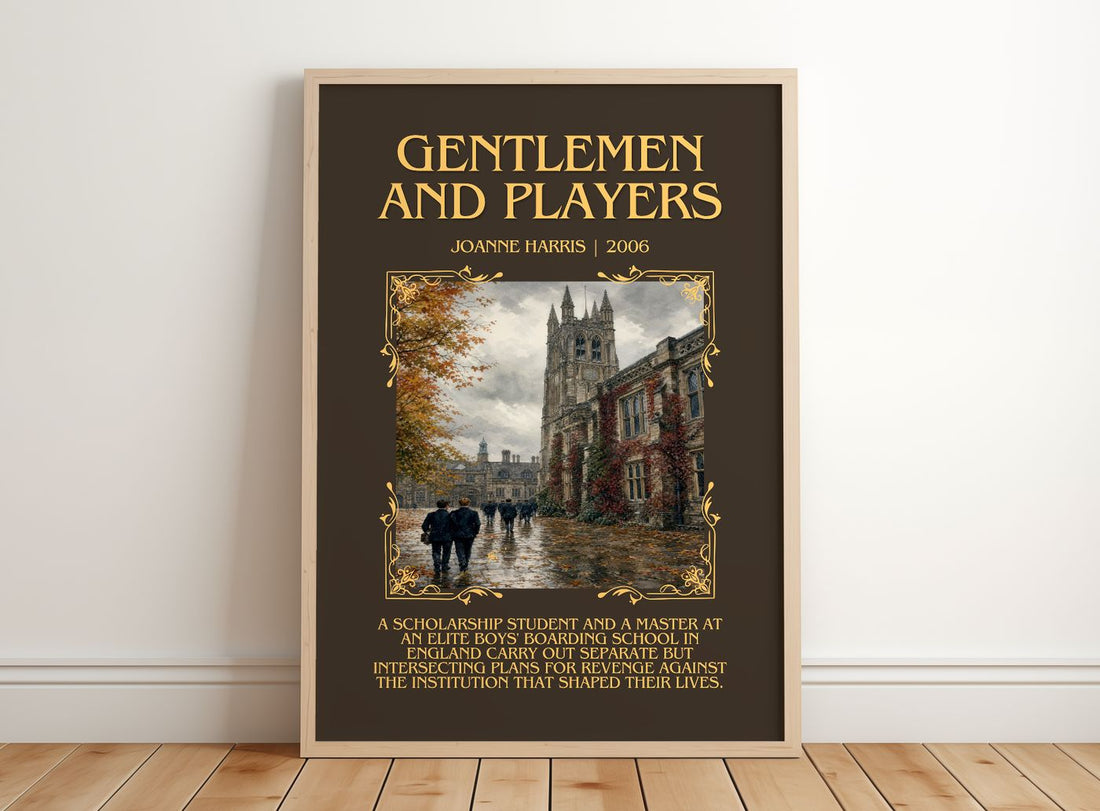 Gentlemen and players Minimalist Book Poster by Joanne Harris – framed print leaning on a wooden floor