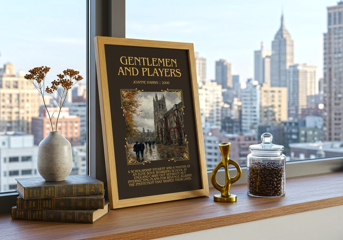 Gentlemen and players Minimalist Book Poster by Joanne Harris – framed print on a city-view windowsill