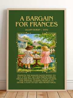 A Bargain for Frances Minimalist Book Poster by Lillian Hoban – framed print leaning on a wooden floor