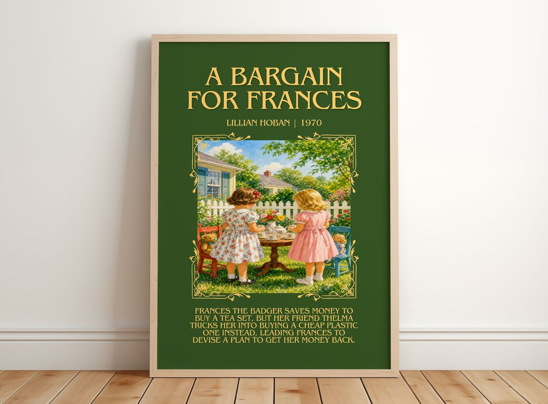 A Bargain for Frances Minimalist Book Poster by Lillian Hoban – framed print leaning on a wooden floor