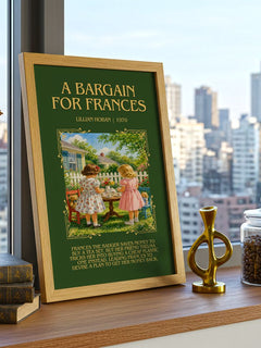 A Bargain for Frances Minimalist Book Poster by Lillian Hoban – framed print on a city-view windowsill