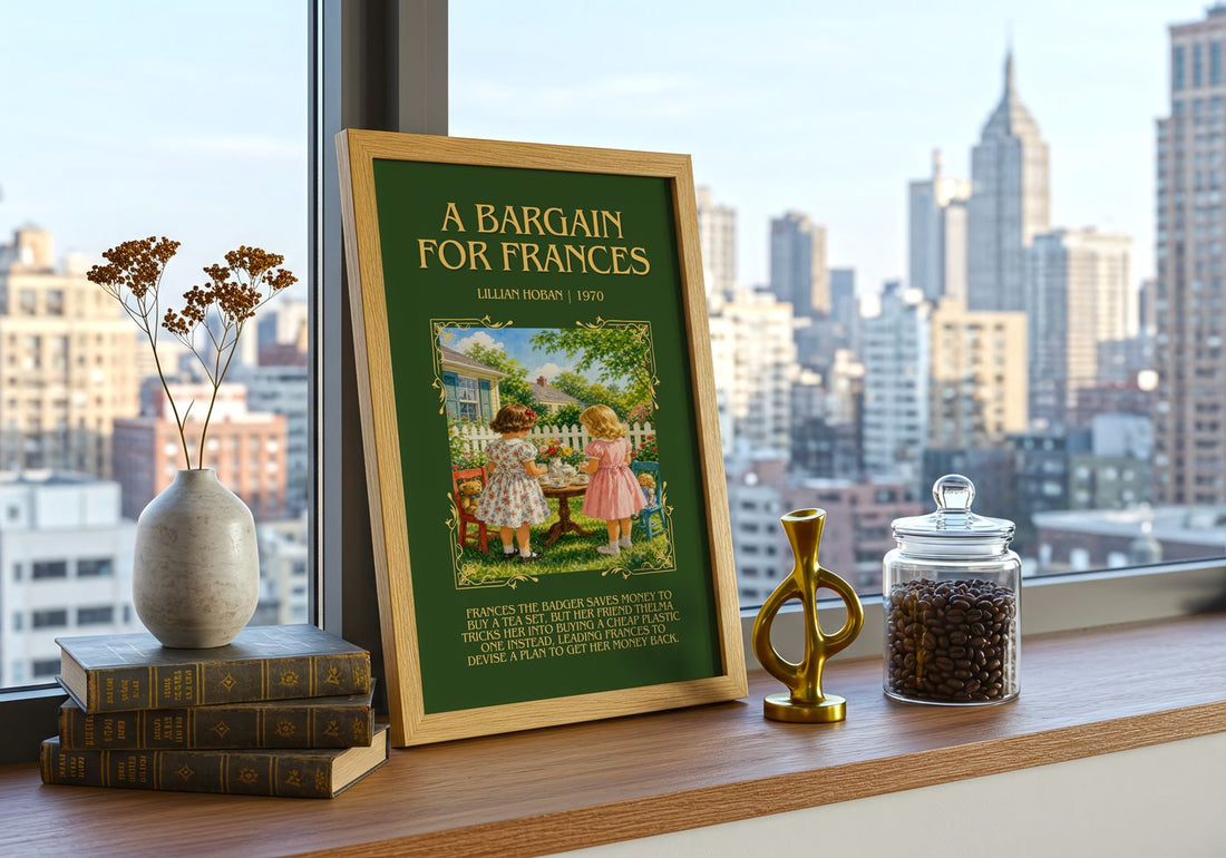 A Bargain for Frances Minimalist Book Poster by Lillian Hoban – framed print on a city-view windowsill