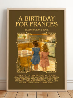 A birthday for Frances Minimalist Book Poster by Lillian Hoban – framed print leaning on a wooden floor