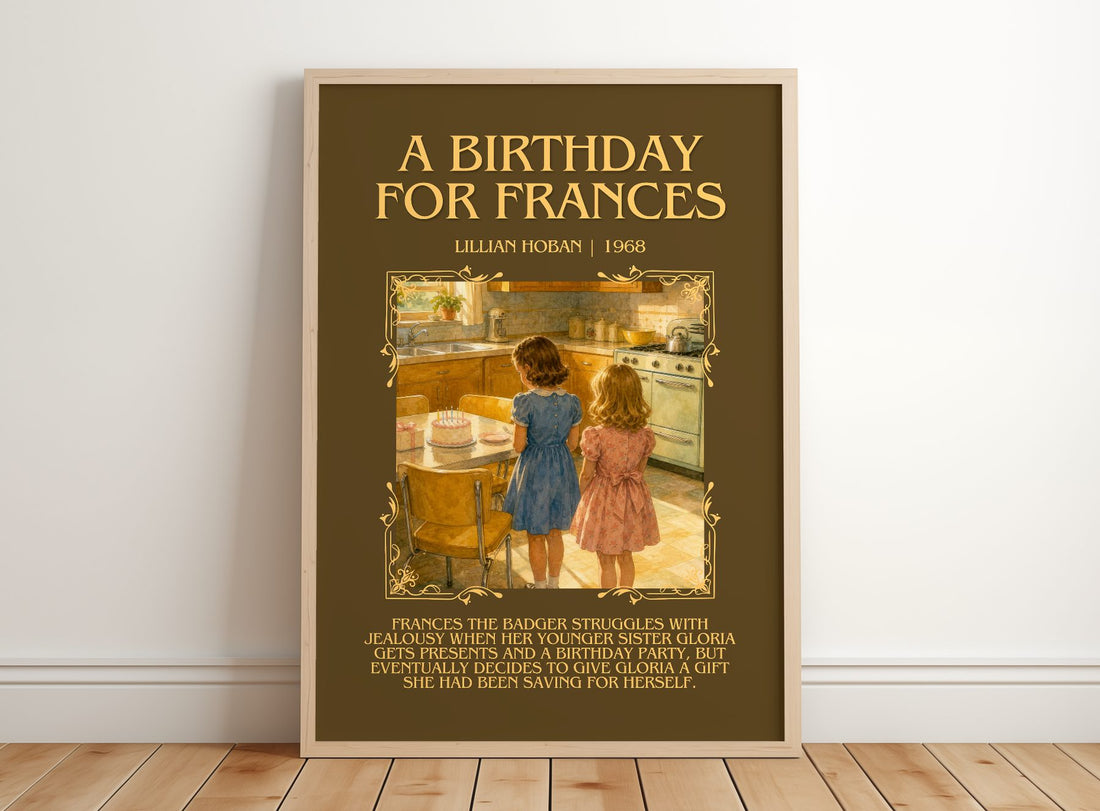 A birthday for Frances Minimalist Book Poster by Lillian Hoban – framed print leaning on a wooden floor