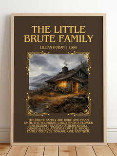 The little Brute family Minimalist Book Poster by Lillian Hoban – framed print leaning on a wooden floor