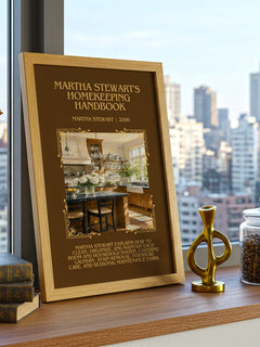 Martha Stewart's Homekeeping Handbook Minimalist Book Poster by Martha Stewart – framed print on a city-view windowsill