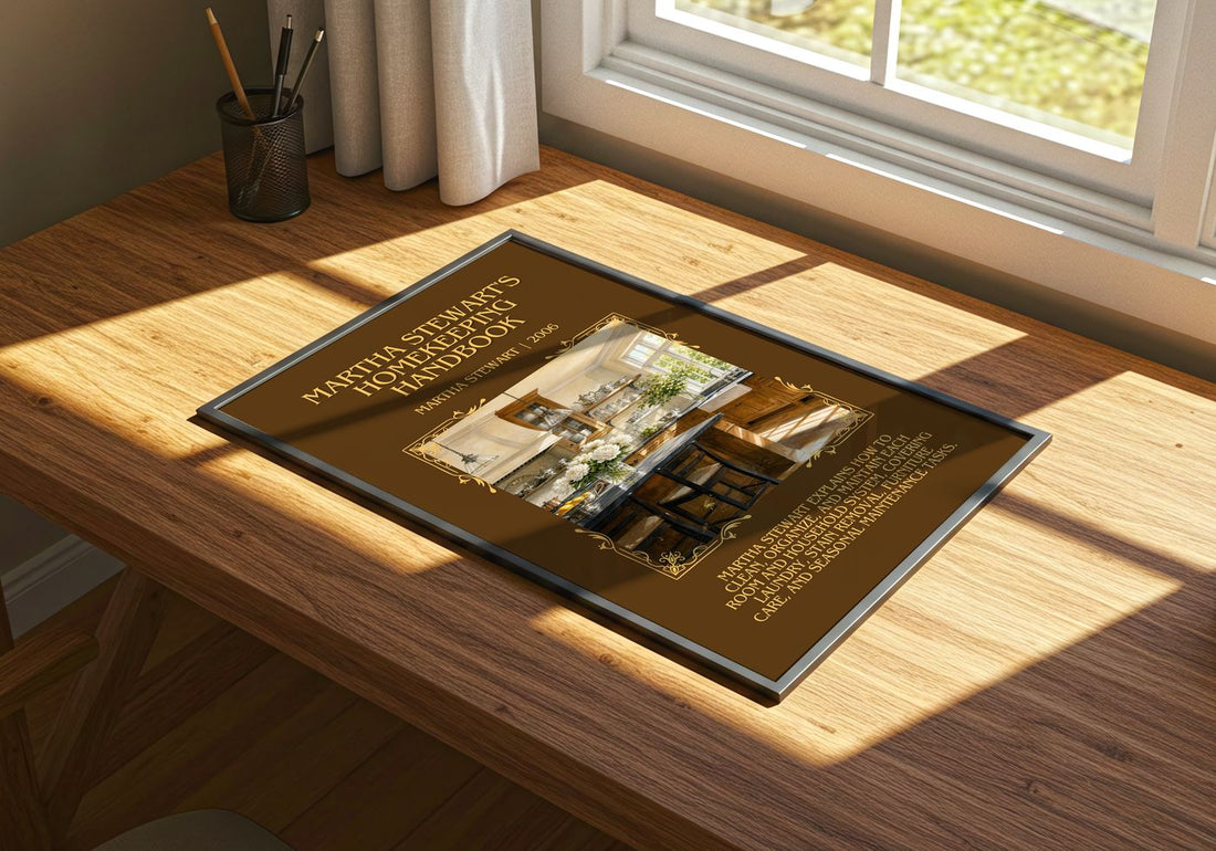 Martha Stewart's Homekeeping Handbook Minimalist Book Poster by Martha Stewart – print on a sunlit desk