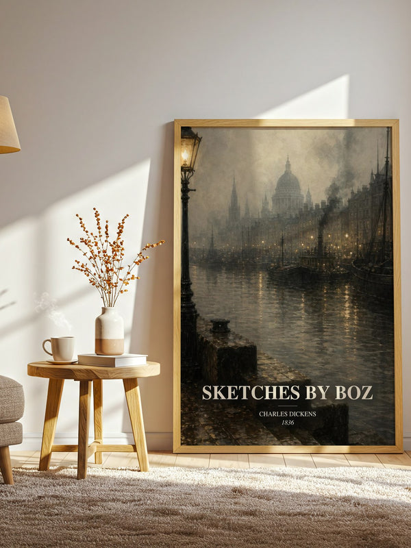 Sketches By Boz watercolour print in frame leaning in hallway – classic literature wall art