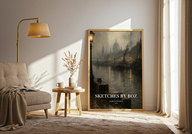 Sketches By Boz watercolour print in frame leaning in hallway – classic literature wall art