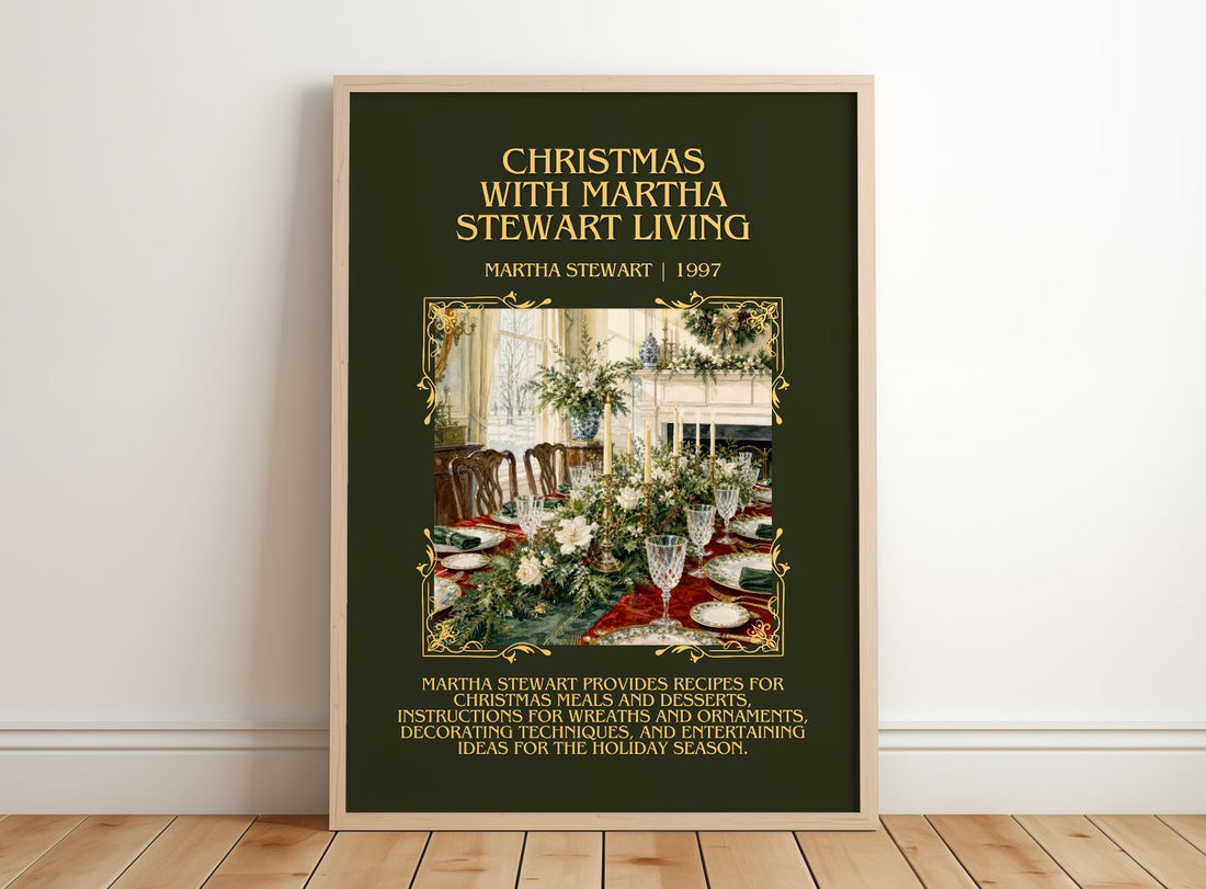 Christmas with Martha Stewart living Minimalist Book Poster by Martha Stewart – framed print leaning on a wooden floor