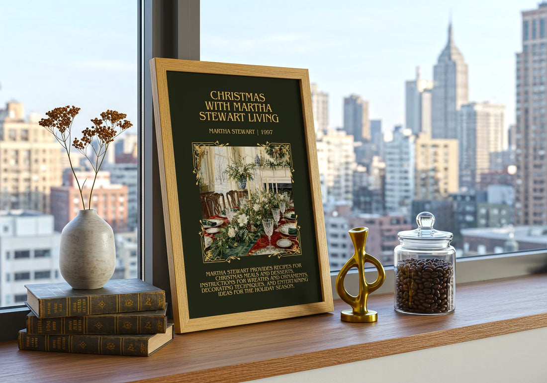 Christmas with Martha Stewart living Minimalist Book Poster by Martha Stewart – framed print on a city-view windowsill