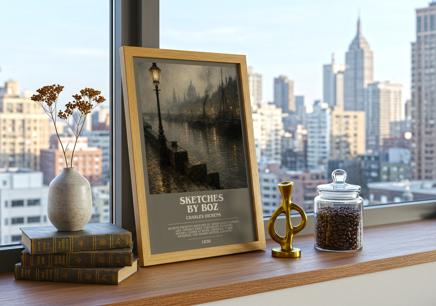 Sketches By Boz bookish print framed by window – literary home decor