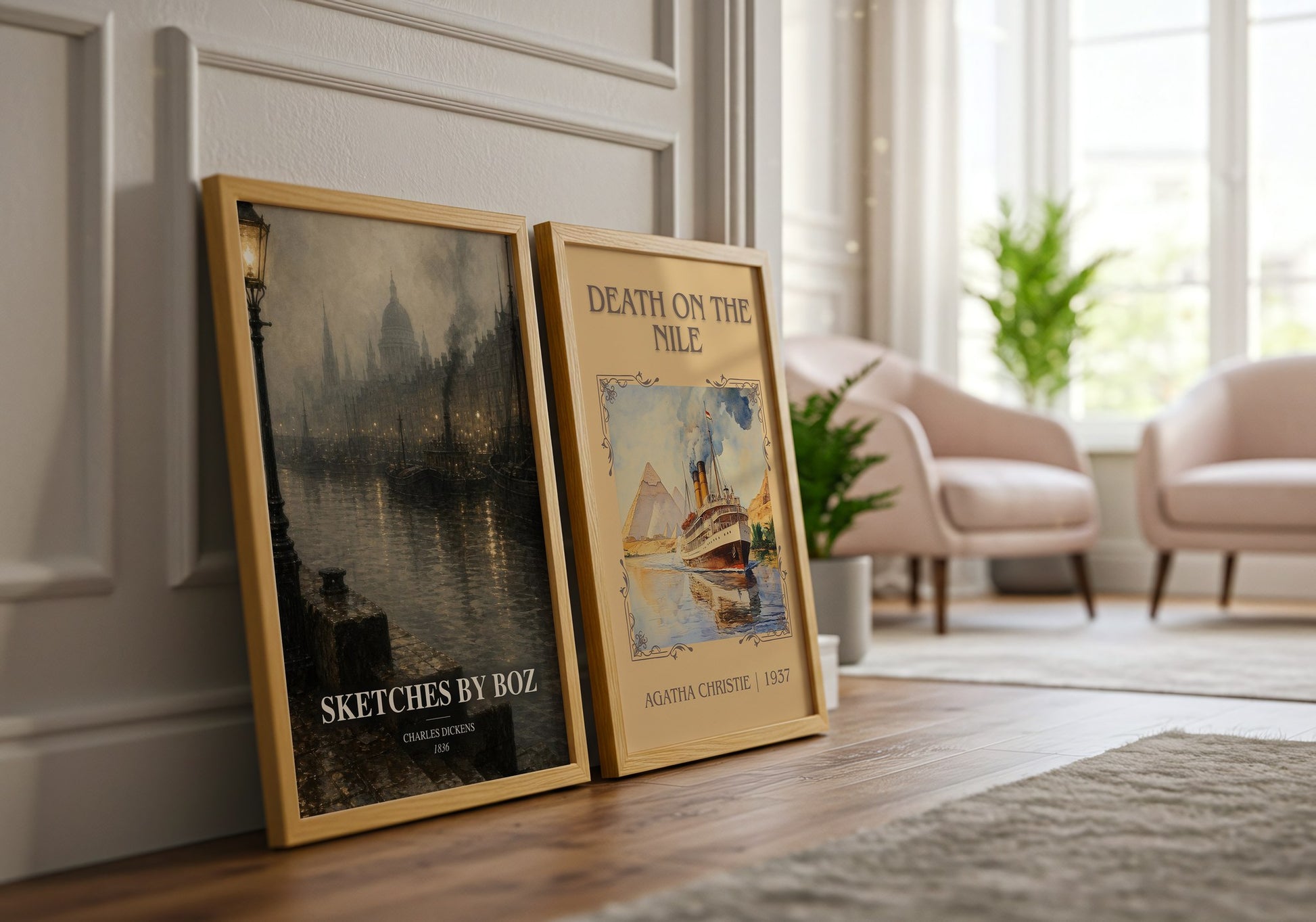 Sketches By Boz watercolour print framed by window – literary home decor